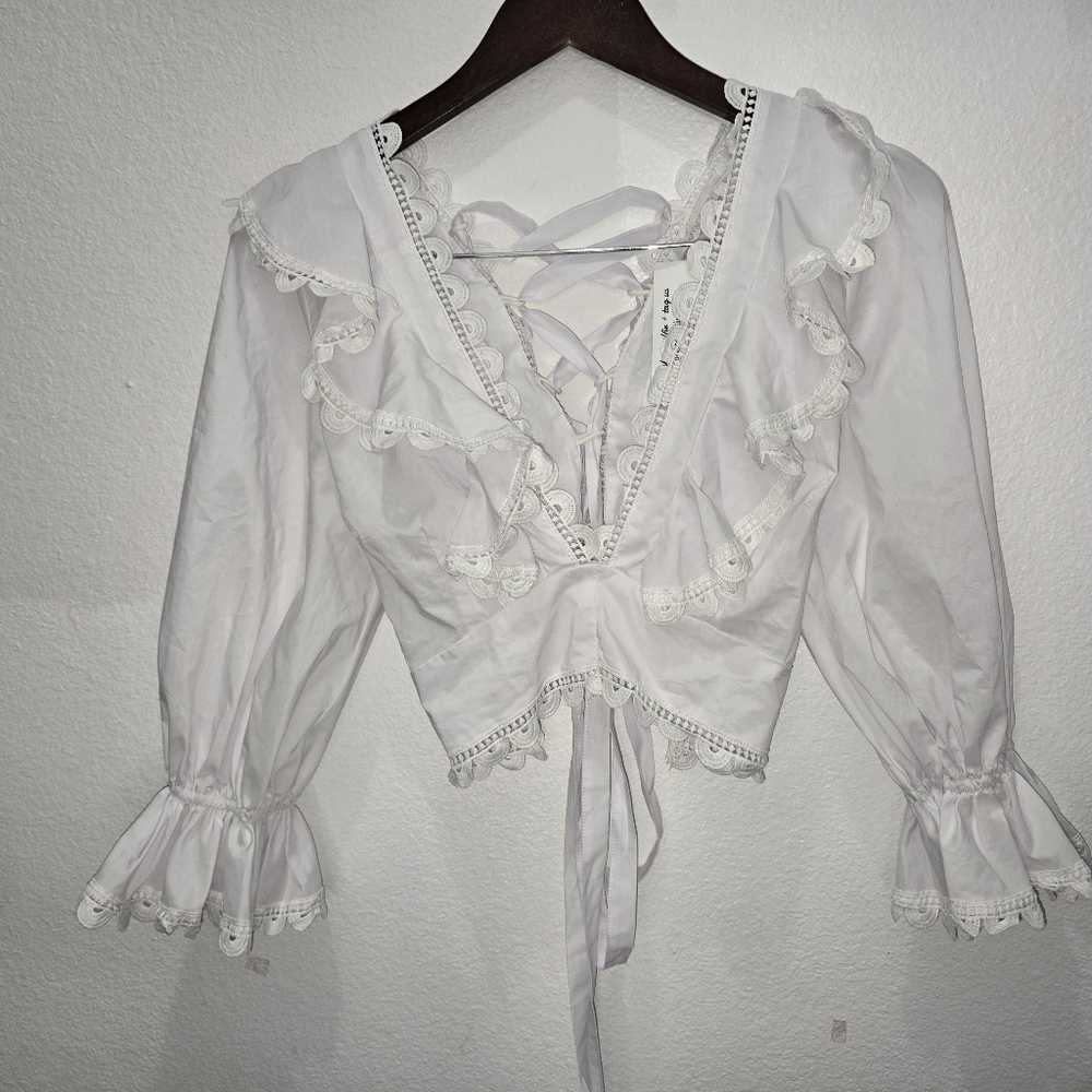 Olivaceous White Ruffled Tie Front Blouse